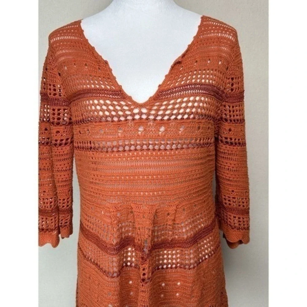 Premise Women's Open Knit Sweater Tunic Cover Up Orange Rust Sz L Boho Hippie